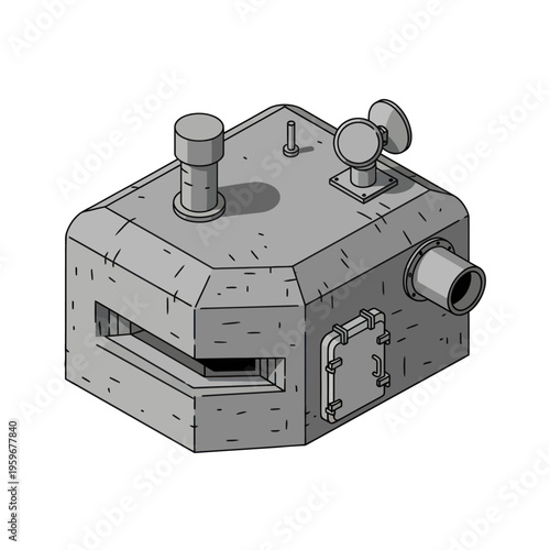 Isometric Illustration of a Concrete Bunker with Gun Port and Periscope.