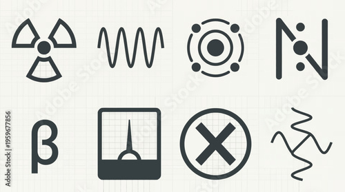 Collection of scientific and technical symbols representing radiation, waves, and nuclear particles
