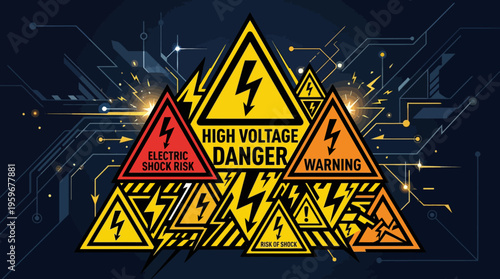 Striking graphical depiction of multiple hazardous energy warning symbols arranged on an advanced technological circuit board pattern, highlighting critical safety precautions