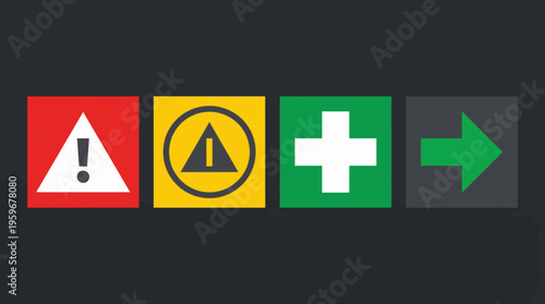 Set of four emergency and safety icons including a warning, caution, first aid, and a right arrow symbol on a dark background