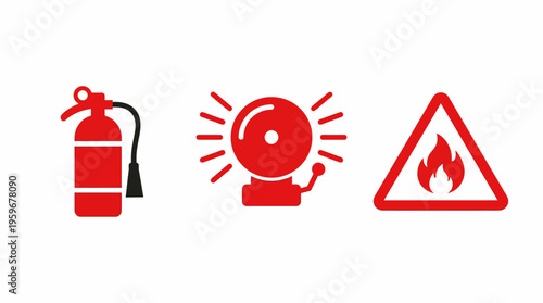 Comprehensive set of fire safety icons, featuring emergency extinguisher, alert bell, and hazard warning sign for critical protection and rapid response