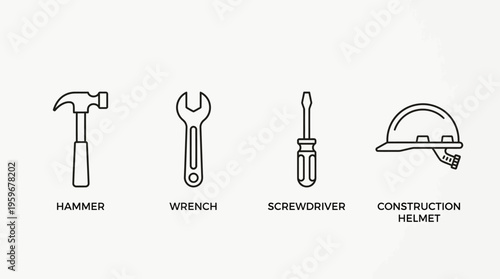 Essential Line Art Icon Set featuring Construction Hand Tools and Safety Helmet for DIY, Repair, and Professional Work Concepts