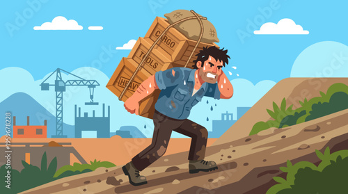 An illustration depicting a hardworking man carrying a heavy load of wooden crates up a challenging slope at a construction site, emphasizing the physical demands and effort in manual labor