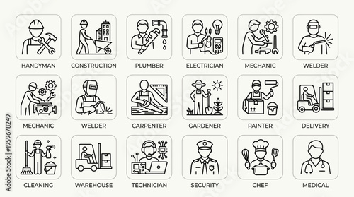 A collection of line art icons representing various professions and trades