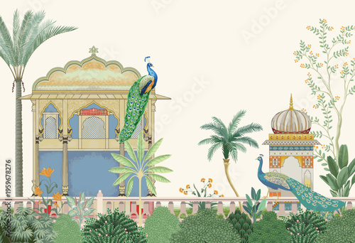Traditional wedding invitation card design. Mughal garden arch peacock Wedding Invitation Card Design.