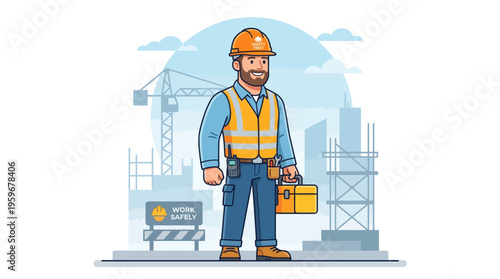 A Construction Worker in a High-Visibility Vest Stands Proudly in Front of a Building Site with Cranes and Scaffolding