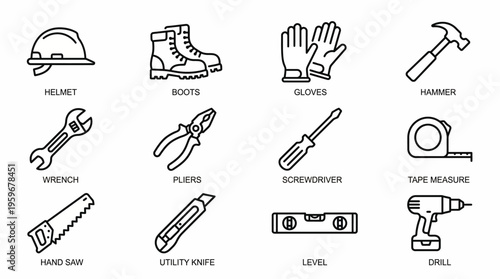 Collection of essential construction and safety tools in a modern line art icon set, perfect for building projects, home improvement, and industrial applications