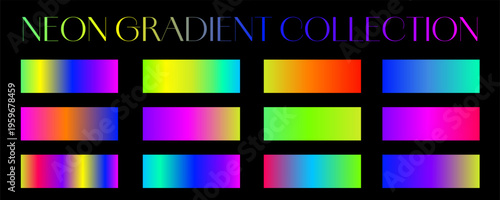 Neon color gradients collection. Bright set of colorful gradient swatches with vivid high-contrast transitions for modern digital design. Premium rgb palette
