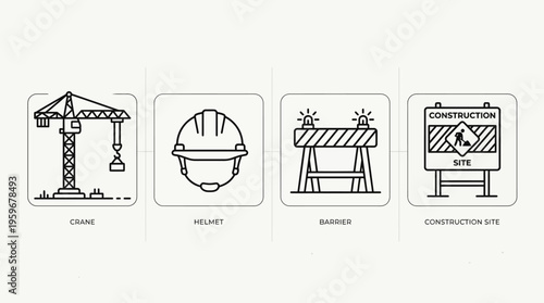 Minimalist line art vector icons for construction and building projects, featuring crane, safety helmet, road barrier, and development site sign