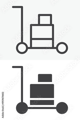 Luggage trolley icon set with cart and suitcase in line, outline and solid style. Luggage trolley icon vector sign and symbol with editable stroke for hotel use.