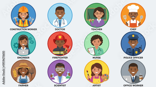 Collection of diverse professional avatars representing various occupations and careers in a flat design style