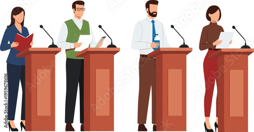 Professional debate panel, speakers presenting ideas, formal discussion event, podium microphones, academic conference, public speaking forum