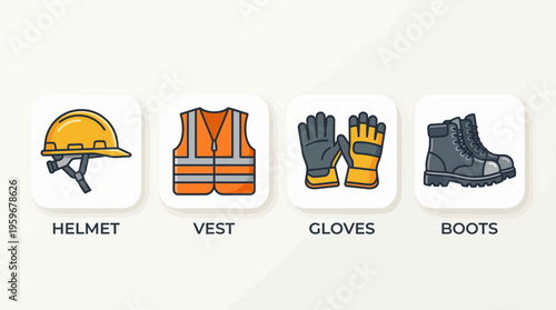 Essential Personal Protective Equipment (PPE) Icons Helmet, Vest, Gloves, and Boots for Workplace Safety and Industrial Protection