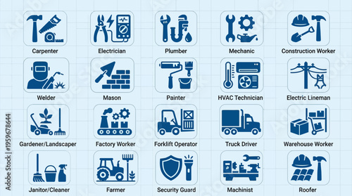 Comprehensive collection of diverse professional occupation icons representing various skilled workers and tradespeople for employment and career concept designs