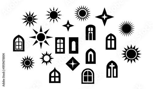 Bold Solid Star Sun and Decorative Window Icon Set with Modern Minimal Black Shape Design