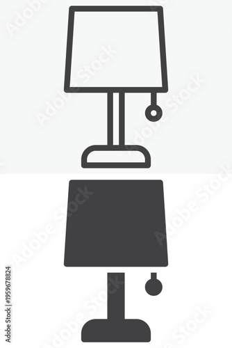 Table lamp icon set with shade and pull cord in line, outline and solid style. Table lamp icon vector sign and symbol with editable stroke for bedside use.