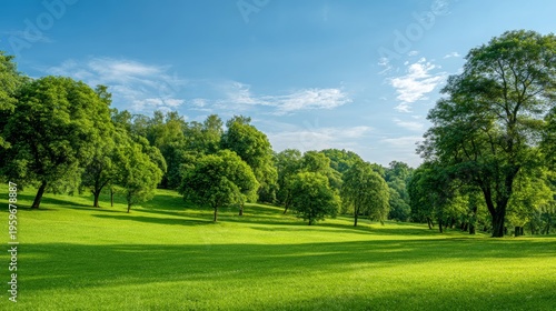 Lush Green Landscape with Trees Under a Bright Blue Sky