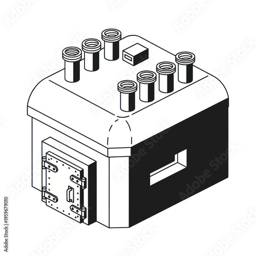 Isometric Illustration of a Concrete Bunker with Multiple Vents.