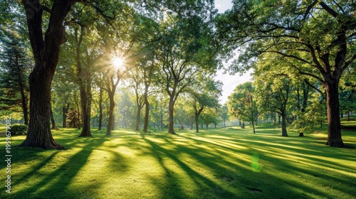 Sunlight Filtering Through Trees in Lush Green Park Landscape