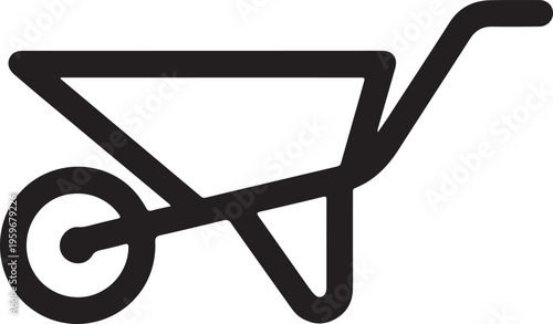 Minimal Wheelbarrow Icon Outline Construction Tool, Simple black outline wheelbarrow icon on neutral background, representing construction equipment, gardening tools, and manual transport in minimalis