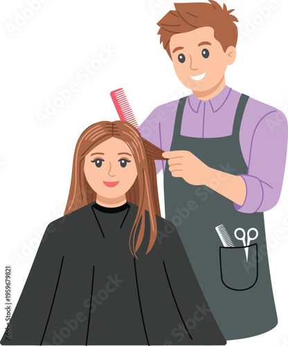 A hair stylist combing a woman's long brown hair