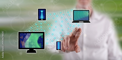 Man touching a device connection concept