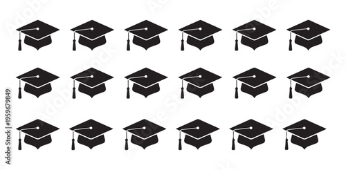 Black graduation hat silhouette icons set on white background for academic commencement cap