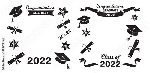 Class of 2022 graduation elements with caps scrolls and stars for celebratory layout design