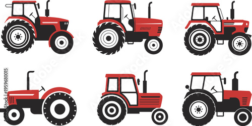 Red agricultural tractor set vector illustration, modern farm machinery collection isolated on white background design