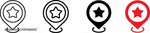 Favorite location icon set. Map pin with star symbol for marked places and points of interest. Navigation and gps location icons for maps, travel apps and interface design.