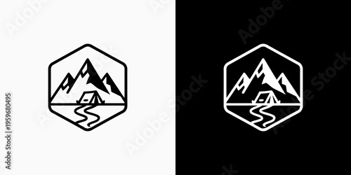 A hexagonal mountain and wilderness camping emblem with a modern, simple, clean, and abstract style. An icon for business, outdoor, adventure, and personal branding.