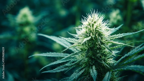 Close-up of Green Cannabis Bud with Detailed Trichomes and Leaves