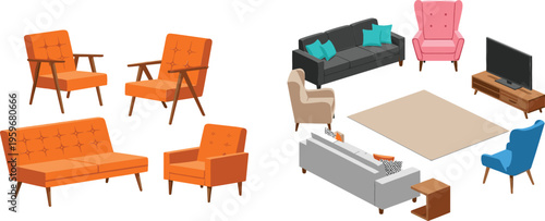 Modern Living Room Furniture Set Collection with Sofa, Armchairs, Coffee Table, TV Stand and Interior Decor Elements Vector Illustration