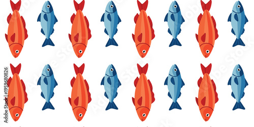 minimal cute red and blue fish repeating pattern on white backdrop