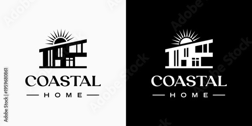 Vector logo design of a coastal house with a modern, simple, clean and abstract style. Icons for business, real estate, vacation and personal branding.