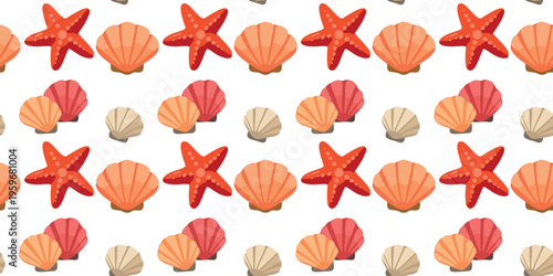 seamless cute seashell and starfish pattern on white background