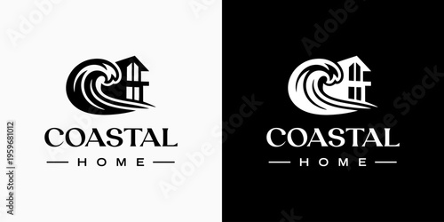 A vector logo design for a coastal house with waves in a modern, simple, clean, and abstract style. An icon for business, real estate, vacations, and personal branding.