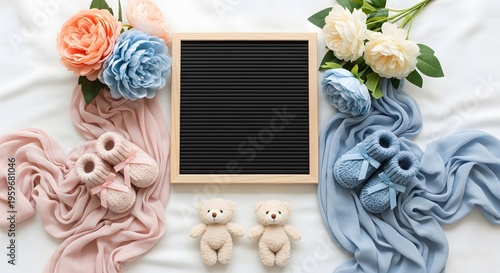Baby announcement board with flowers and teddy bears