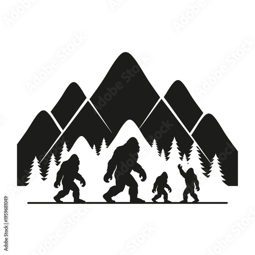 Bigfoot family walking in forest.