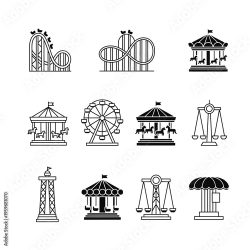 Black and white amusement park icons.