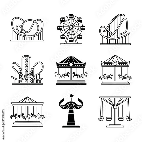 Black and white amusement park icons.