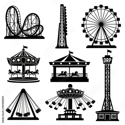 Black and white amusement park rides.