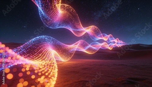 Glowing ribbon-like particle waves traveling across desert night, casting bokeh highlights on dunes
