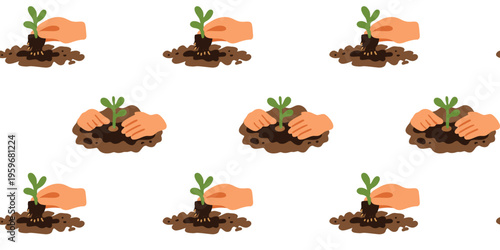 playful cute seedling planting repeating pattern on white background