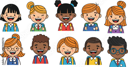 Cartoon School Children Set with Diverse Multiracial Characters in Uniforms, Smiling and Holding Backpacks, Vector Illustration for Education and Childcare Themes