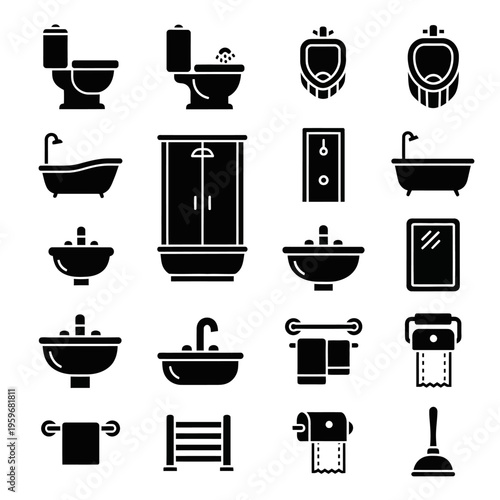 Black icons of bathroom objects.