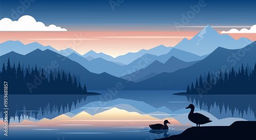 Serene Mountain Lake Reflection at Sunset A Beautiful Vector Illustration