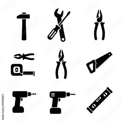Black icons of various hand tools.