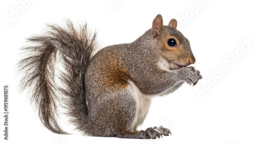 Billede på lærred Adorable wild grey squirrel with bushy tail sitting upright and eating a snack