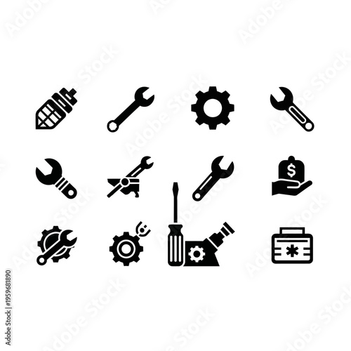 Black icons of tools and hardware.